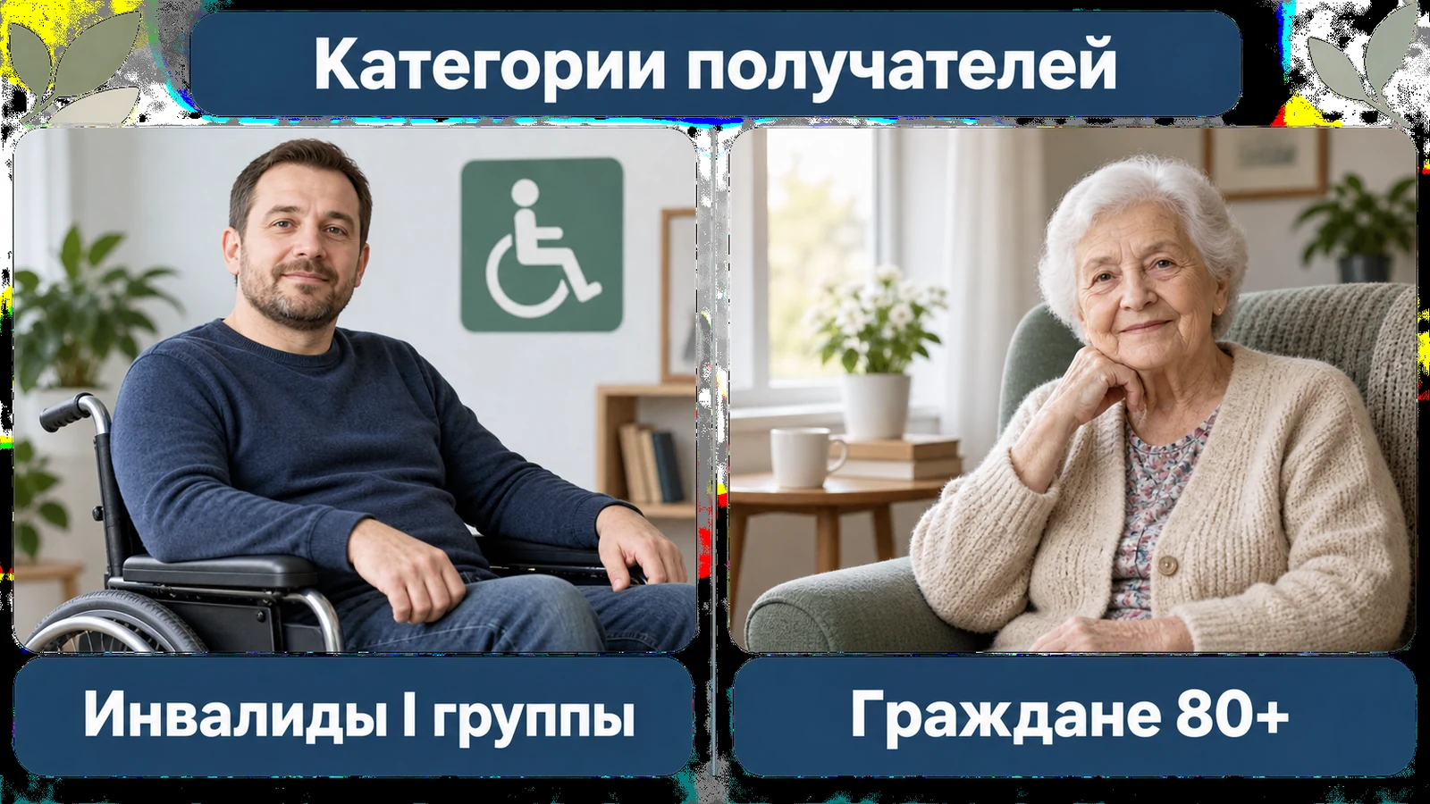 Инфографика с категориями получателей компенсации: инвалиды I группы и граждане 80+