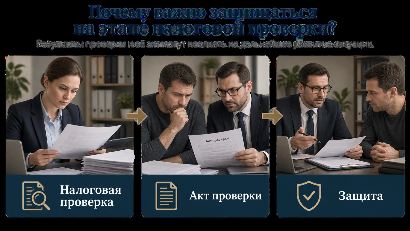 Инфографика о защите на этапах налоговой проверки, акта проверки и защиты